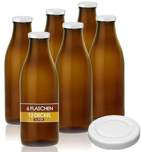 Geniess-Bar! 6 Braune Glasflaschen 1 Liter Milch Flaschen 12 Twist off Schraubverschluss Deckel leer zum Befüllen erhältlich mit 2/4/6/9/12/15 Weithalsflaschen hitzebeständig