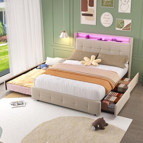 Doppelbett Polsterbett 160x200, Hydraulisches Stauraumbett Funktionsbett mit Ausziehbett&2 Schubladen, Kopfteil mit LED&USB, Bett Jugendbett Bettgestell mit Holz Lattenrost, Samt, Ohne Matratze, Beige