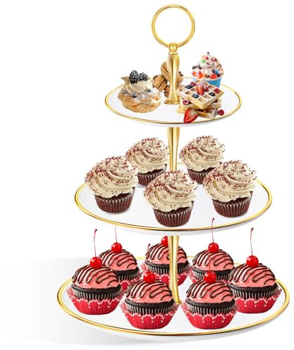 MTOPHLS Alzata a torre a 3 ripiani per dessert, cupcake e dessert, in plastica, con asta dorata, per cupcake, ciambelle, frutta e altro ancora, rotondo, con bordo dorato