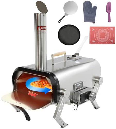 SKYCORPS Horno de pizza de acero inoxidable para exteriores, estufa de pizza de leña con piedra giratoria automática de 30 cm, parrilla portátil para barbacoa para fiestas en el patio, camping y