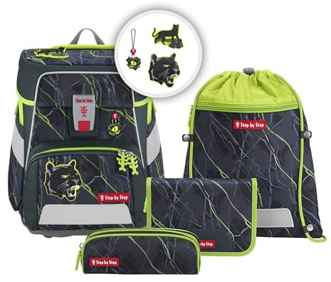 Step by Step Schulranzen-Set Space „Danger Cat Chiko“ 5-teilig, grau-grün, Panther-Design, ergonomischer Tornister mit Reflektoren, höhenverstellbar mit Hüftgurt für Jungen ab der 1. Klasse, 20L