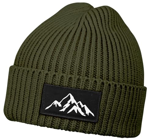 Neverless® Herren Beanie Wintermütze mit Patch Berge Mountain Aufdruck Print Strickmütze mit Umschlag Rippstrick