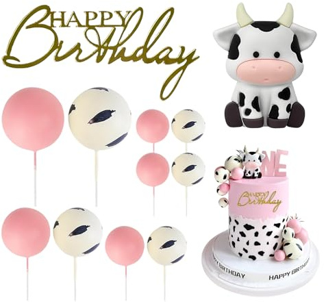 GUOYOU 12 Pcs Pink Cow Cake Decorations Birthday Cake Topper for Baby Party | Including Animals Figurines Cows Print Ball Gold Happy Birthday Acrylic Sign for Baby Shower Party Cows Theme Party