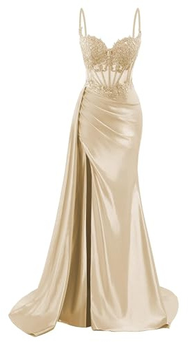 HPPEE Robe de bal pour femmes avec bretelles fines en satin et fente avec applique en dentelle sirène, robe de soirée formelle, champagne, 36