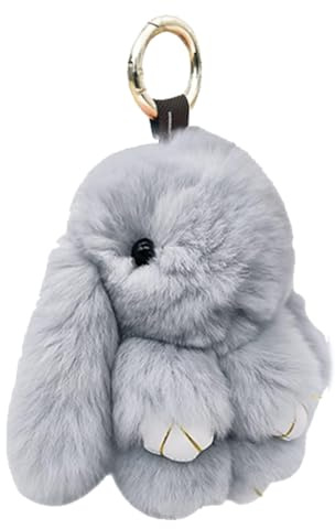Plüsch Hase Schlüsselanhänger Mit Pompon - Flauschiger Anhänger für Handtasche, Autoschlüssel Accessoires Dekoration für Damen und Mädchen - Hellgrau