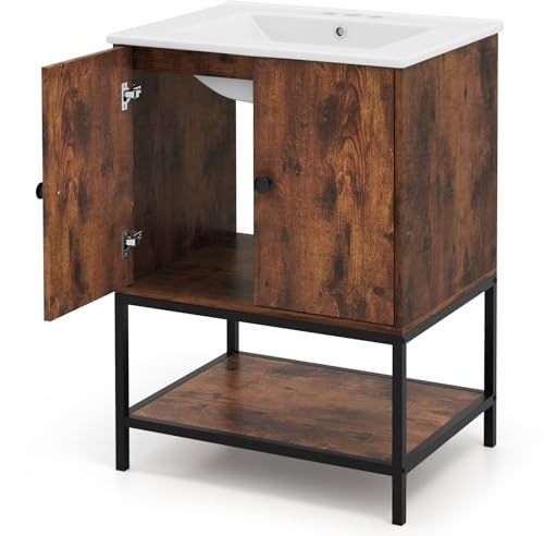 COSTWAY Mobile Sottolavabo per Bagno in Legno con Lavandino in Ceramica | Mobiletto da Bagno con 2 Ante e Mensola Aperta, Stile Vintage, 61 x 46,5 x 87 cm, Marrone Rustico