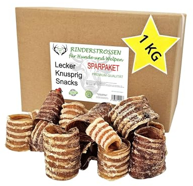 ARTISAN GIFT CO Naturliga mellanmål för hundar – 100% utsökt torkat kött, lämplig för barf-diete - Cięte tchawice wołowe dla psów - Opakowanie 1 Kg - Długość ok. 5 cm