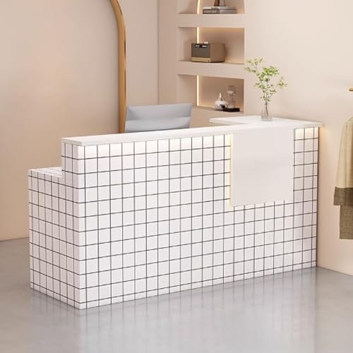 GUQASDV Empfangstheke Rezeption, Reception Desk Modern, Empfangstresen für Praxis, Reception Theke mit Stauraum mit Sanfter Beleuchtung für Schönheitssalons(Grid+White,100cm)