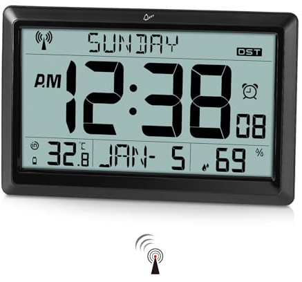 Amgico Digital Wall Clock,10.5 Large Display Atomic Clock,Battery Operated,Digital Calendar Auto Setting with Indoor Temperature,Humidity,Date,Day,Auto DST for Elderly Bedroom Classroom,No Backlight