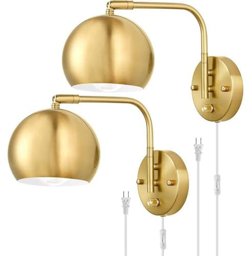 AoLa Gold Wandlampe Dimmbar mit Schalter Wandleuchte Mit Stecker und Kabel E27 Verstellbare Wandbeleuchtung Innen Retro Industrial Wand Leselampe aus Metall für Schlafzimmer Büro Wohnzimmer,2pack