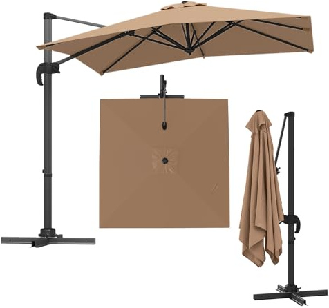 GOPLUS Parasol de Jardin Exterieur, Parasol Déporté 2,5x2,5 M avec 5 Inclinaisons Réglables, Rotation à 360°, 8 Baleines, Protection Solaire, pour Balcon Patio Marché (Marron)