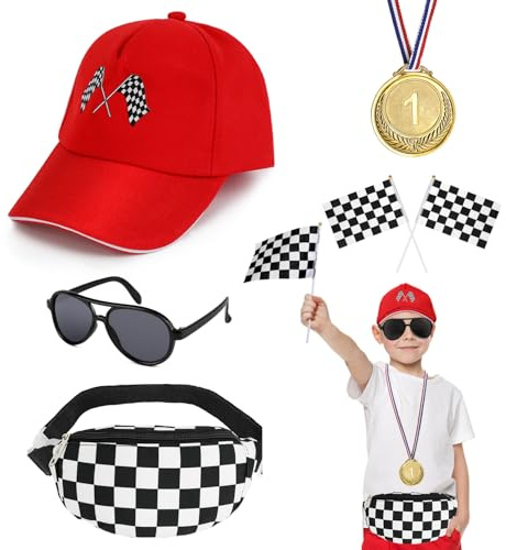 Disfraz Piloto Carreras Accesorios para Niños, Gorra de Carreras Rojos Riñonera Niño Banderas de Carrera a Cuadros Medallas Gafas de Sol Infantiles para Halloween Carnaval Fiesta Juego de Rol Disfraz