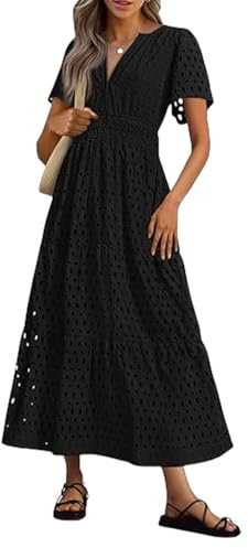 Summer Maxi Dresses for Women UK Wedding Guest Dress Short Sleeve Casual Boho V Neck Hollow Out Eyelet Ruffle Swing A Line Cotton Long Flowy Beach Vacation Evening Dresses