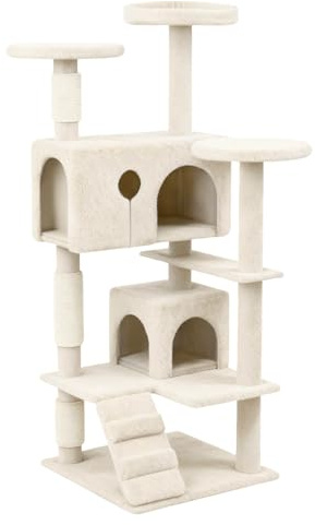 Froadp Kratzbaum 130 cm Katzenbaum Kletterturm mit Weichem Plüsch, Sisal Umwickelten Kratzsäulen, Katzenhöhle und Plattformen Katzenkratzbaum Katzenhaus für Große & Kleine Katzen, Beige
