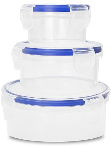 Lizzy 1 x Clip Lock Round Food Storage Boxes – 3 Pack | 500ml, 250ml, 100ml BPA-Free Plastic Containers | Airtight, Leak-Proof | Freezer, Microwave & Dishwasher Safe | Stackable Kitchen Set