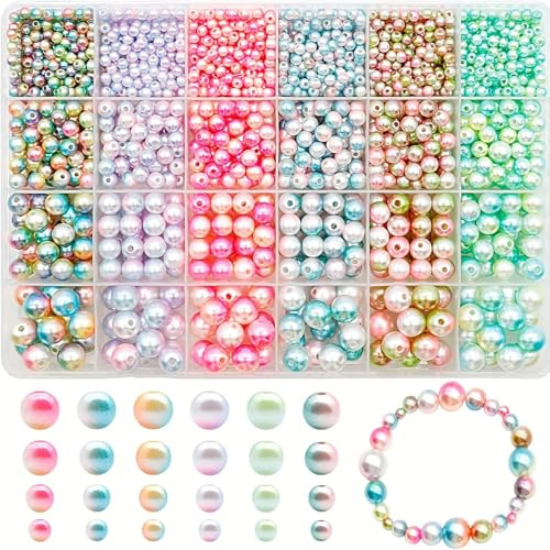 pekifaves 1890 Stück Perlen für Armbänder 6 Farben Glasperlen zum Auffädeln | 4/6/8/10 mm runde Bunte Perlen zum Auffädeln Set, Schmuck Selber Machen, Basteln für Erwachsene