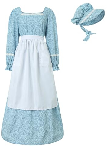 Générique Femme Victorienne Costume De Servante Robe à Fleurs Pionnière avec Bonnet Et Tablier Vêtements Modestes Robe Coloniale des Prairies Manches Longues Robes Gothique Victorienne pour Femme