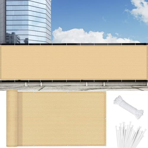 Balkon Sichtschutz Wetterfest 100 x 580 cm HDPE Balkonbespannung mit Kabelbinder Atmungsaktiv Balkon Sichtschutz Balkonverkleidung für Balkongeländer Terrasse, Sandgelb
