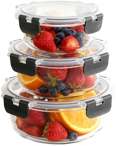MEETOZ Round Glass Containers with Lids 3 Pack- Airtight Meal Prep, Glass Lunch Box for Fridge Storage, for Soup, Lunch, Salad, Leftovers, BPA Free (Round -3Pack)