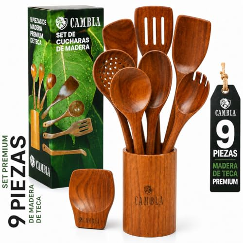 Utensilios de cocina set de 5 piezas madera de teca, cucharas cucharon