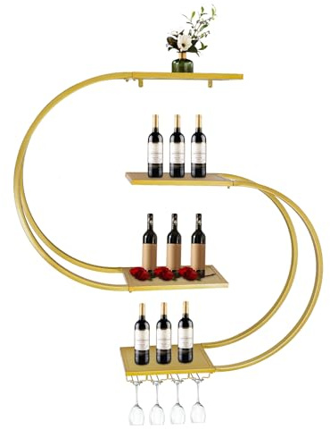 RUETERY Étagère murale à 4 niveaux avec support en verre à vin, étagère murale multi-fonctionnelle pour cave à vin, bars, cuisines et bureaux (doré, 4 niveaux, 120 cm)