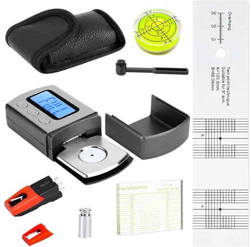 Juego de 6 piezas de ajuste para tocadiscos con báscula digital de brazo, plantilla sobresaliente, medidor de azimut y cepillo de limpieza, juego de agujas para tocadiscos USB para brazo de tono USB