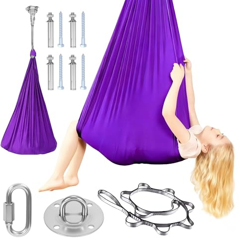 Aerial Yoga Hängematte Set, Yoga-Schaukel Indoor & Outdoor mit Zubehör, 150 kg Belastbarkeit, Weiches Stretchgewebe, Multifunktionale Hängematte für Freizeit, Training & Entspannung (Lila)