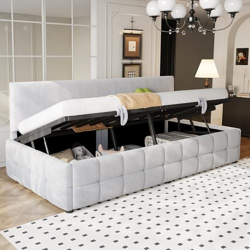 Arhatreya Bäddsoffa 90 x 200 cm, soffa med hydrauliskt förvaringsutrymme, stoppad säng med lameller enkelsäng dagsäng för vardagsrum, sovrum (utan madrass) sammetstyg, ljusgrå