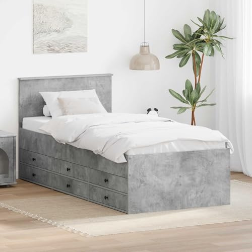 ACAGALA Einzelbett mit 6X Schubladen 100x200 cm, Kojenbett mit Stauraum, Tagesbett Bettrahmen mit Lattenrost und Kopfteil, Platzsparendes Jugendzimmer, Betongrau