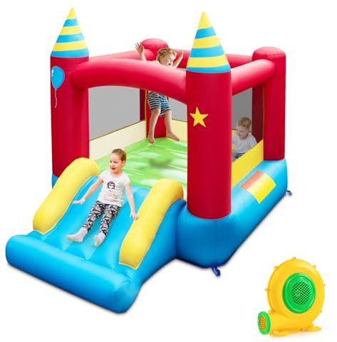 GYMAX Kids Bouncy Castle, Inflatable Jumping House with Slide & Carry Bag, Indoor Outdoor Children Bounce Playhouse for 3-10 Years Old Boys Girls (with 480W Blower)