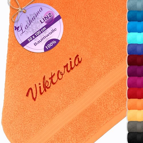 Lashuma Handtuch Bestickt mit Namen, Linz Frotteehandtuch Orange, Baumwollhandtuch 50x100