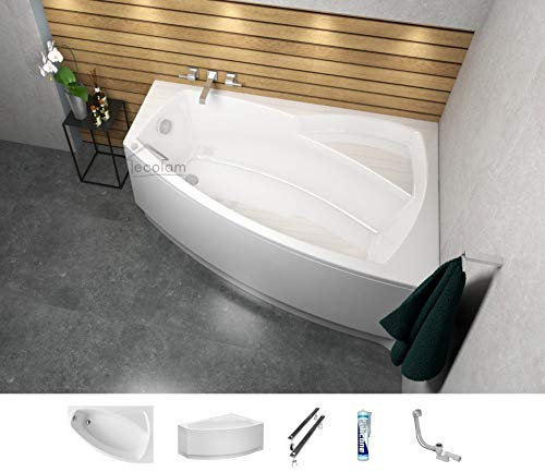 ECOLAM® Badewanne Eckbadewanne Acryl Frida Polimat weiß 140x90 cm RECHTS + Schürze Ablaufgarnitur Ab- und Überlauf Automatik Füße Silikon Komplett-Set