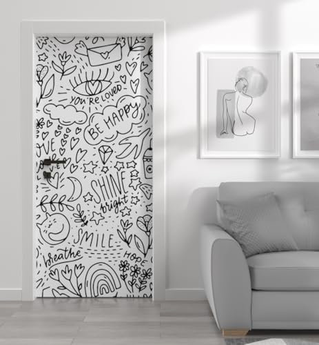 MyMaxxi - Tür bekleben mit Türtapete Türposter Türfolie Selbstklebend 90x200 Cartoon Muster - Tür verschönern Türaufkleber Türklebefolie Kunst Malerei Blumen schwarz weiß