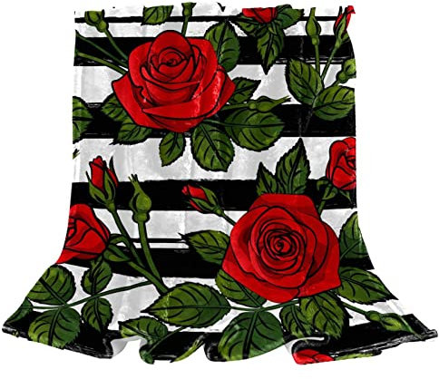 Fleece-Überwurfdecke, blühend, rote Rosen, schwarz, weiß, gestreift, für Couch, leicht, Plüsch, flauschig