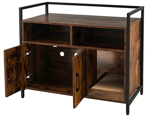 GYMAX Casetta per Gatto, Mobile Lettiera per Gatti, con Robusto Telaio in Metallo, Tiragraffi, Scaffali di Stoccaggio in Legno, Stile Industriale, 89 x 45 x 74,5 cm (Caffè)