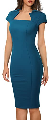 HOMEYEE Vestito da Donna Elegante Estivi Cocktail Vestiti Tubino Manica Corta al Ginocchio retrò Abito da Lavoro B737 (M, Blu)