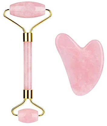 Rosenquarz-Gesichtsroller Und Gua Sha-Set Natürlicher Jade-Gouache-Schaber Gua Sha-Massage-Quarz-Roller Gesichtslifting-Massagewerkzeug,typ 12