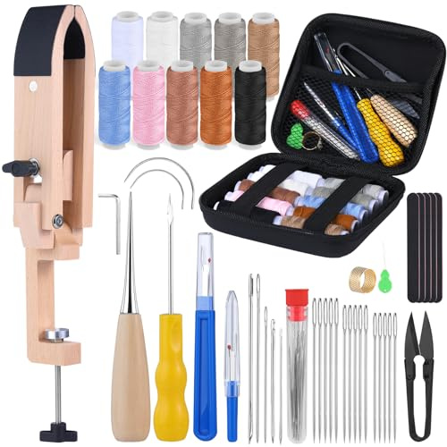 Yizzvb Leder Nähen Pony, Leder Polster Reparatur Set, Leder Nähset, Nähen Pony Klemme für Lederarbeiten, Heavy Duty Nähset mit Nähahle, Nahttrenner, Nähgarn für Schuh, Sofa