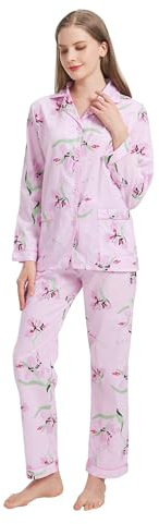 Amaxer Pigiama da Donna in Due Pezzi Set Pigiama in Cotone Set da Notte da Notte a Maniche Lunghe Tuta da Notte e Pantaloni del Pigiama Set da Salotto,Grande Fiore Rosa,XL