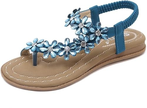 Zoerea Sandali Piatti da Donna da Estate Strass Fiore Bohemia Flip Flop Spiaggia Estivi Scarpe Casual Open Toe Tacco Piatto Stile 2 Blu,36 EU