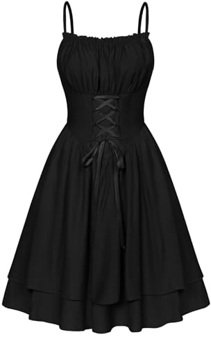 SCARLET DARKNESS Abito estivo da donna, con spalline sottili, stile vittoriano, con lacci e punto smock, lunghezza al ginocchio, Nero , L