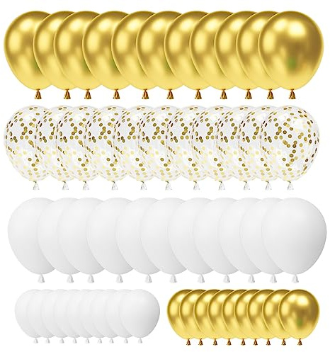 70 Stück Luftballons Gold Weiß, Luftballons Gold Metallic Weiß, Golden Metallic Ballons, Latex Ballons Weiß Gold Konfetti für Geburtstag Hochzeit Babyparty Luftballons Girlande Deko