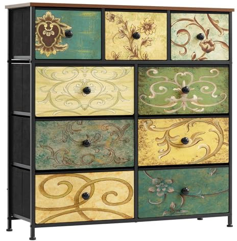 LYNCOHOME Comò, Cassettiera con 9 cassetti in tessuto, Cassettiera camera da letto, mobile contenitore, mobili per camera da letto, cassettiera per cucina, ufficio, corridoio, stile country