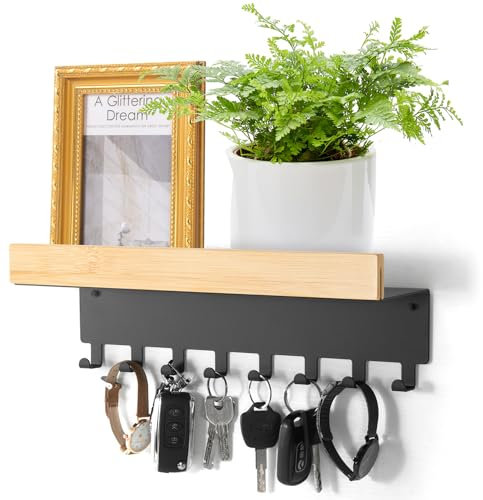 ZUIMENG Schlüsselbrett mit Ablage, Schlüsselablage aus Holz Bambus und Edelstahl mit 8 Schlüsselhaken, Schlüsselhalter Wand Schlüsselboard für Eingangsbereich, Flur, Küche (Schwarz, 32cm)