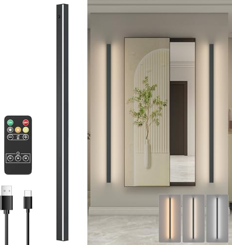 Klighten 8W LED Akku Wandleuchte Dimmbare, Anthrazit Kabellos 120cm Wandlampe mit Fernsteuerung, Lange Wiederaufladbar Wandleuchten mit Timer-Funktion für Schlafzimmer Wohnzimmer Korridor Treppenhaus