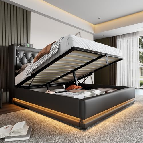 Merax Polsterbett 160x200cm, Doppelbett mit Stauraum und Lattenrost, LED Kopfteil mit USB C Ladefunktion, Hydraulisches Stauraumbett, Modern Funktionsbetten Bettgestell, Schwarz-PU, Ohne Matratze