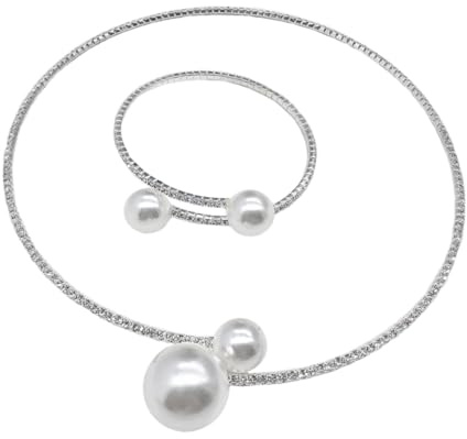 DEARMAMY 2stücke Perlen-halsketten-set für Damen Set mit Perlen und Krallenkette Halskette-armband-set Handschmuck für Hochzeit und Geburtstag Silber