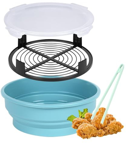 Collapsible Breader Shaker Bowl with Lid, 10 x 3.5 Inch Breading Shaker, 2800ml Batter Bowl, Better Breader Shaker Bowl, Additional Silicone Food Clips, Blue