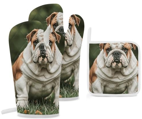 Ofenhandschuhe und Topflappen, 3 Stück, rutschfest, niedliche englische Bulldogge, Ofenhandschuh, hitzebeständige Ofenhandschuhe zum Kochen, Grillen, Küche, heiße Pads für Mikrowelle