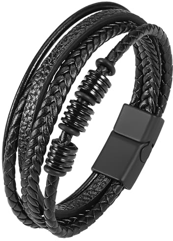Huiguli Leather Bracelet for Men, 21cm Multi-Layer Braided Genuine Bracelet, Black Clasp Rope Wristband for Boyfriend Husband Mens, Gift for Men Him Boyfriend Valentine's Anniversary Birthday